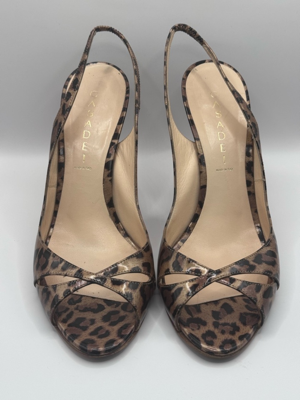 Casadei Leopard Print Patent Leather Black/Brown Slingback Peep-Toe Heels Sz 9B